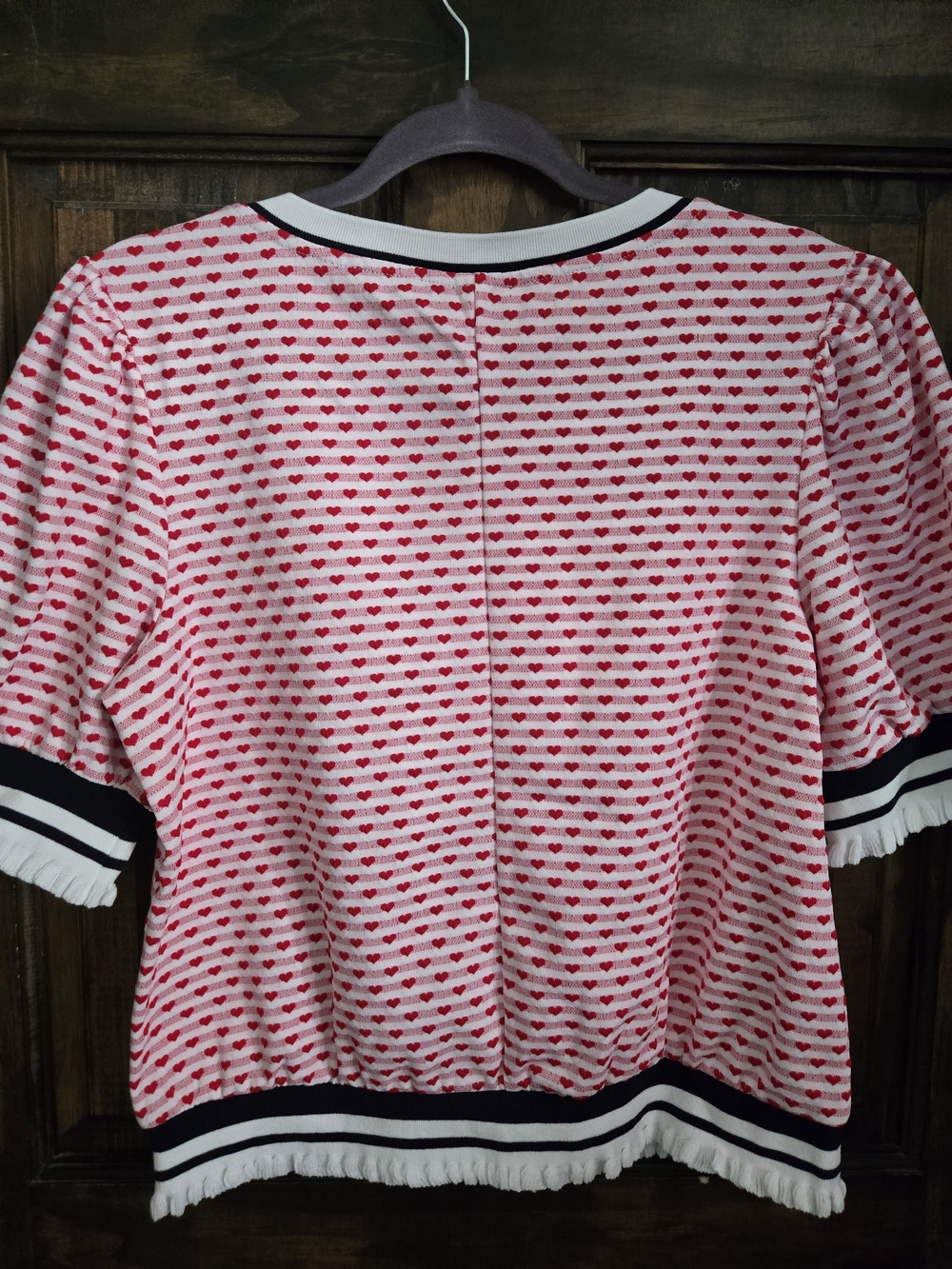VOY Pink Heart-Print Short Sleeve Blouse with Navy Contrast Trim - Picture 4 of 4